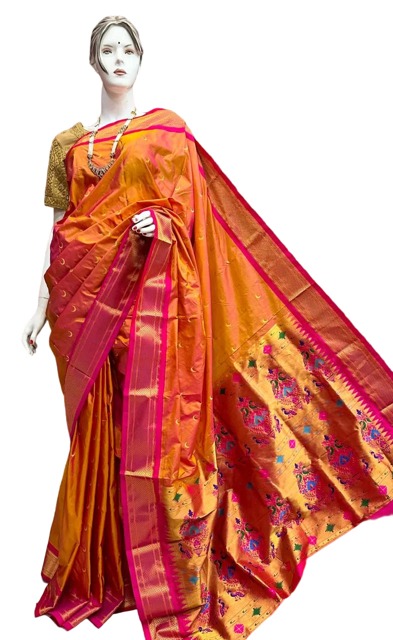 Pure Silk Handwoven Chandrakor Paithani Saree | Kadiyal Border Designer Paithani