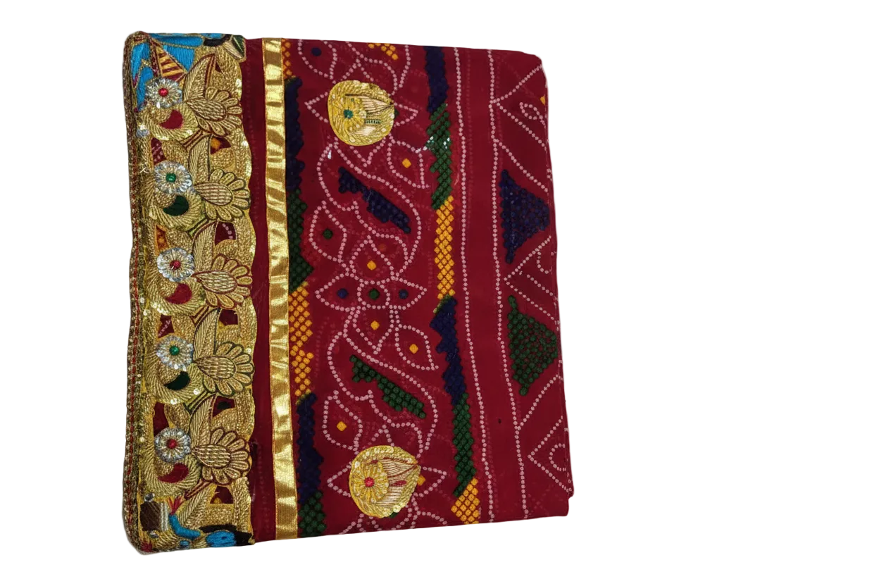 Luxury Marwadi Bandhej Chunri Pomcha with Zardozi Work | Kolkata Handcrafted Georgette Odhna