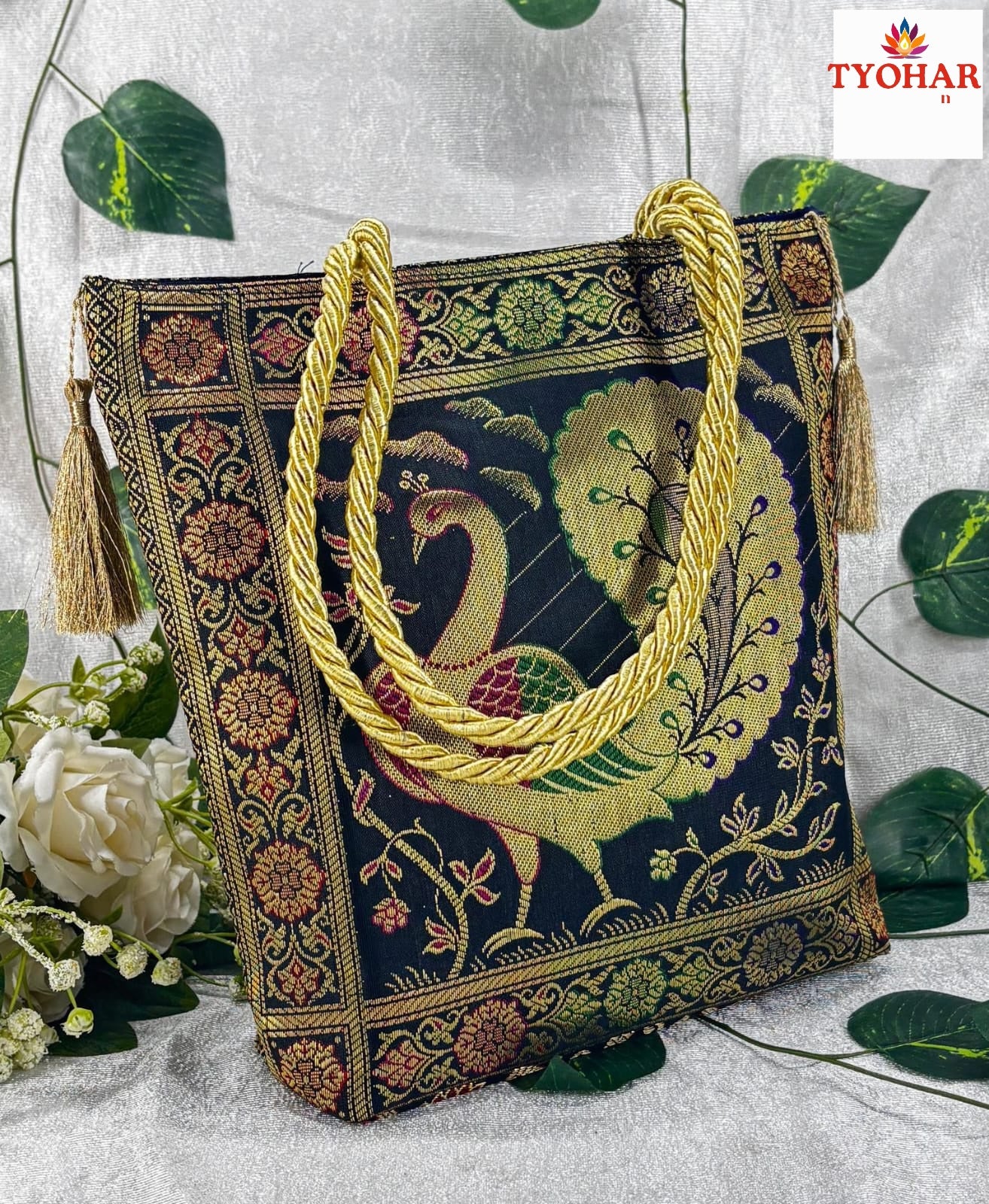 Banarasi Silk brocade Ethnic hand bag zari woven   pack of 2         size 10/10*inch