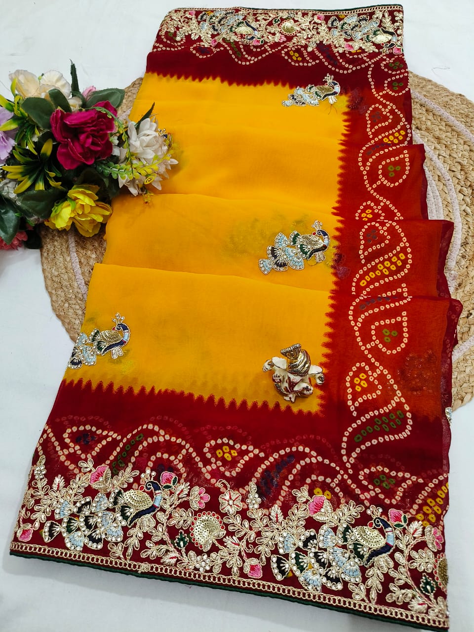 Traditional Handwork Chunri Pilla – Bandhani Georgette Saree with Heavy Embroidery Border