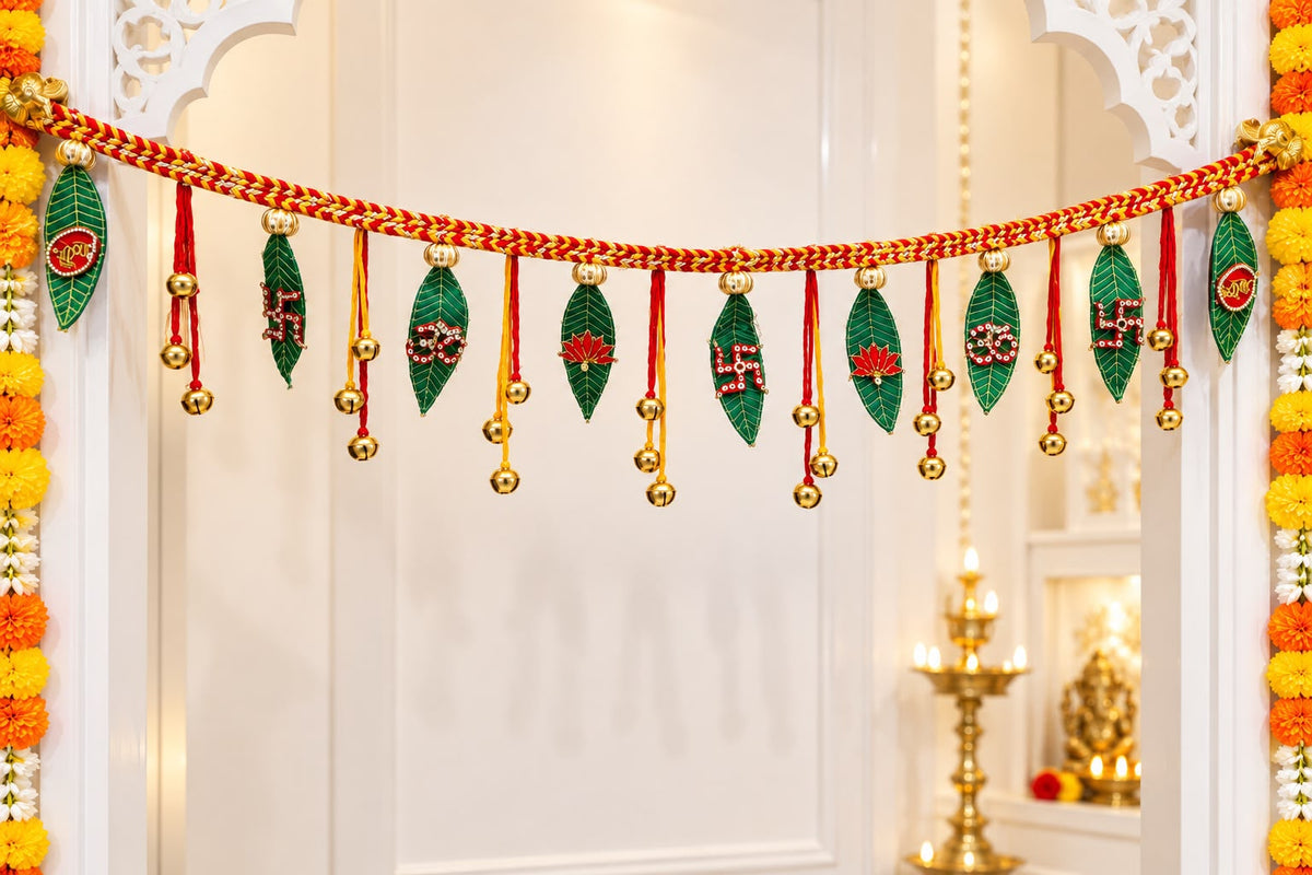 Traditional Auspicious  Mango Leaves, Moli Thread, Om & Swast Beautiful Handcrafted Bandharwal/Toran  CODE:HPK