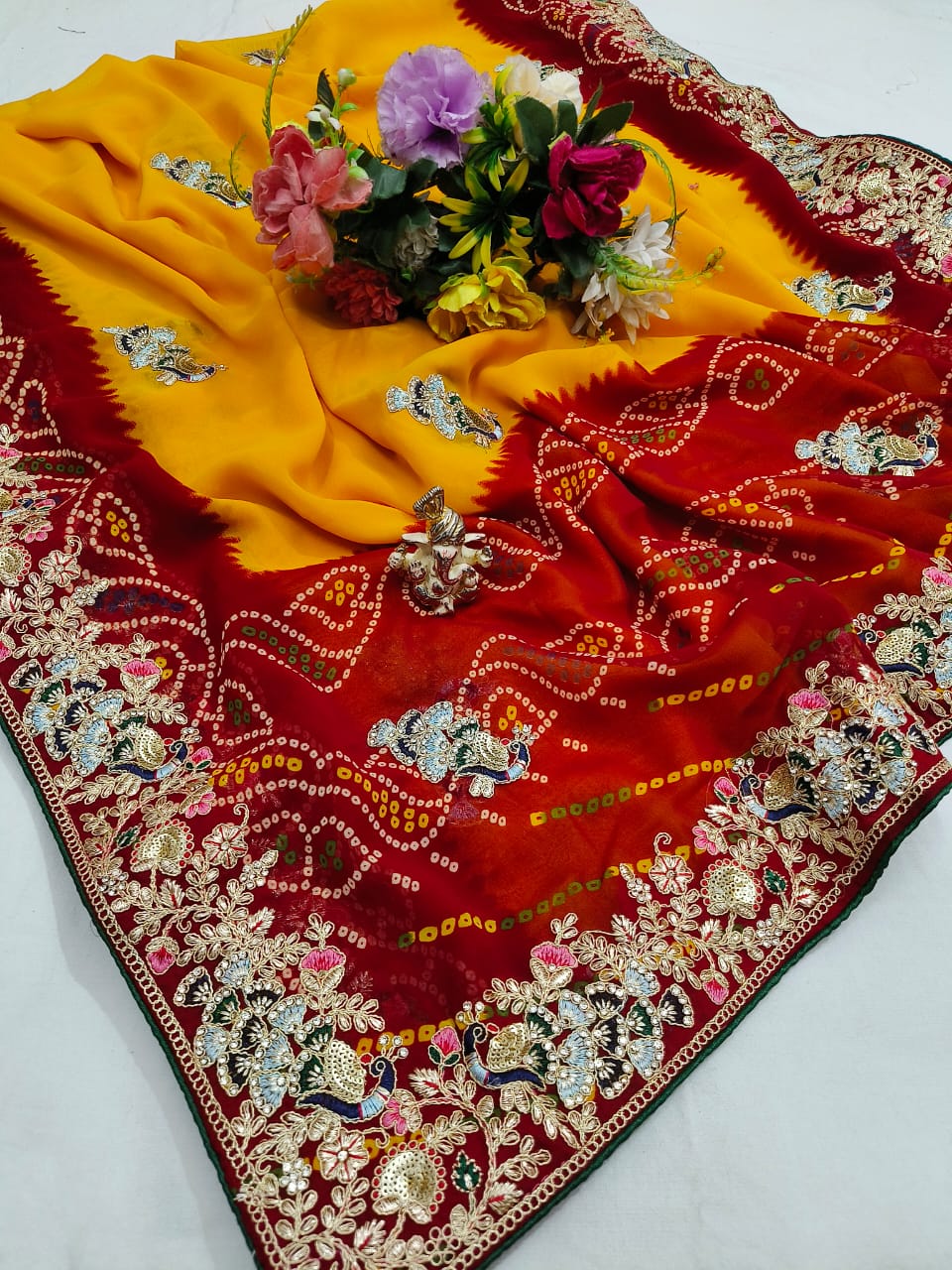 Traditional Handwork Chunri Pilla – Bandhani Georgette Saree with Heavy Embroidery Border