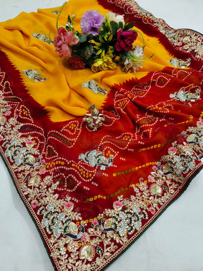 Traditional Handwork Chunri Pilla – Bandhani Georgette Saree with Heavy Embroidery Border