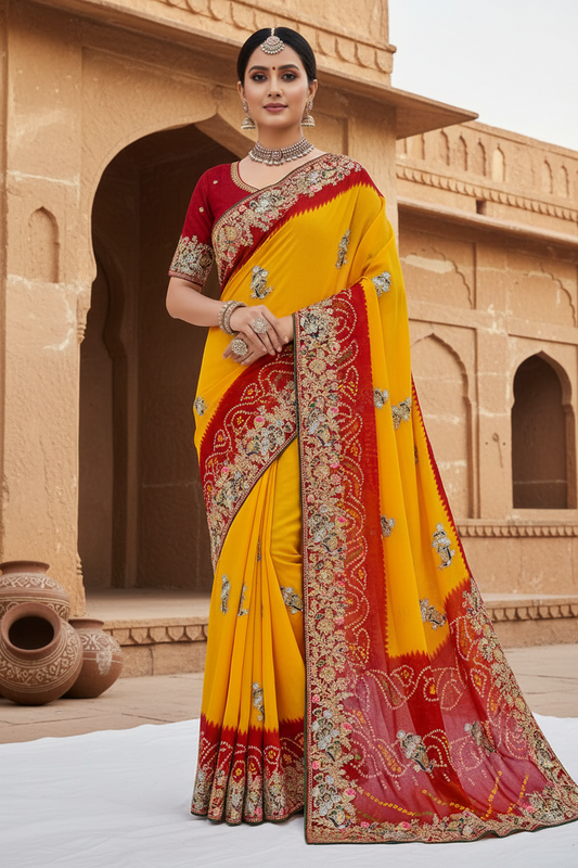 Traditional Handwork Chunri Pilla – Bandhani Georgette Saree with Heavy Embroidery Border