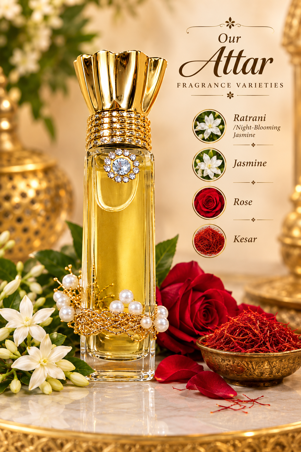 Premium Attar Collection – Ratrani, Jasmine, Rose & Kesar 8ml   (Pack of 2 Attar Bottle )