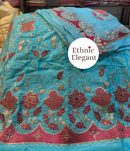 Natural Silk Rajputi Poshak with Pure Odhna | Heavy Patch Work Handcrafted Outfit