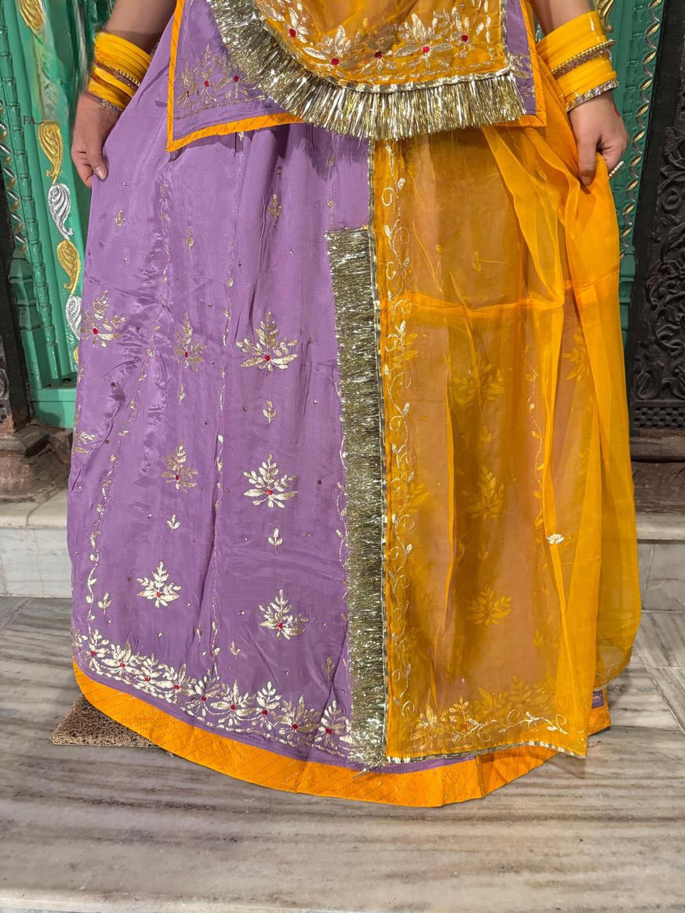 Elegant Partywear Rajasthani Poshak – Natural Crepe with Aari, Resham, Gota Patti & Kundan Work
