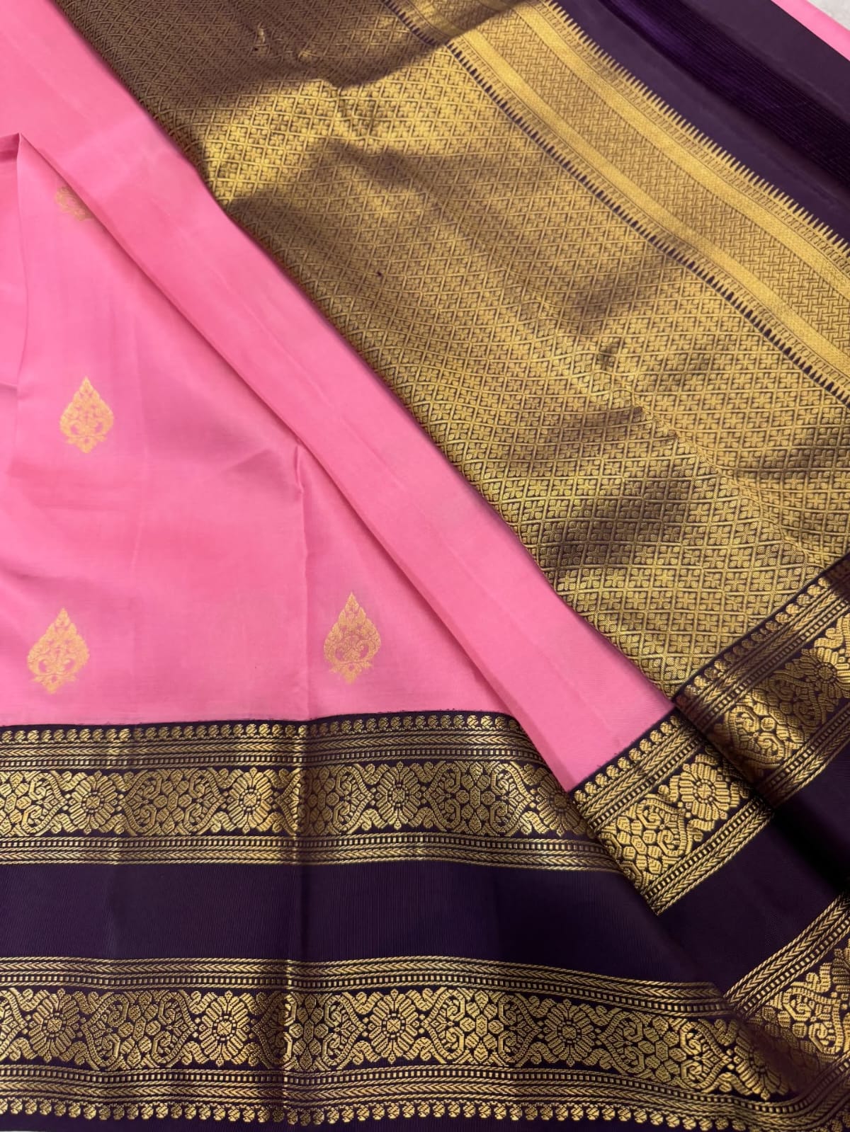 Baby Pink Kanchipuram Pure Silk Saree with Wine Border | Silk Mark Certified