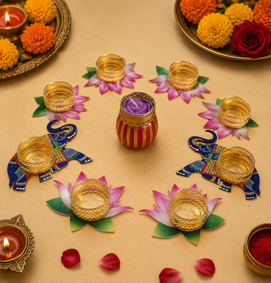 Laxmi maa priy hathi kamal tealight   9 piece rangoli 4*inch