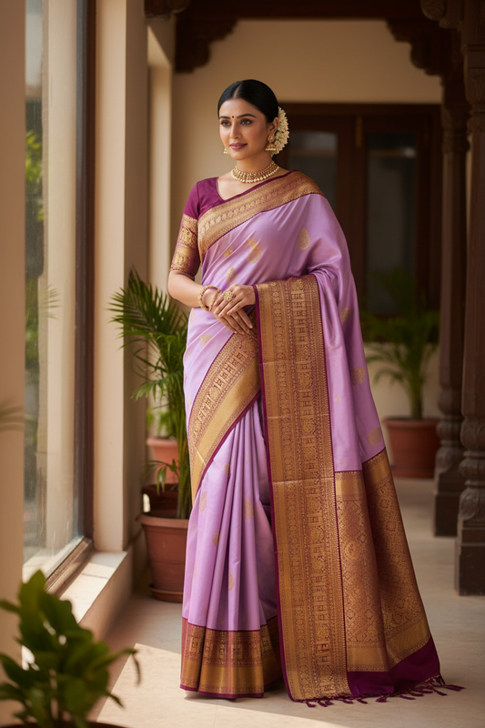 Mauve & Zari Work Border Kanjivaram pure silk saree silk mark certified