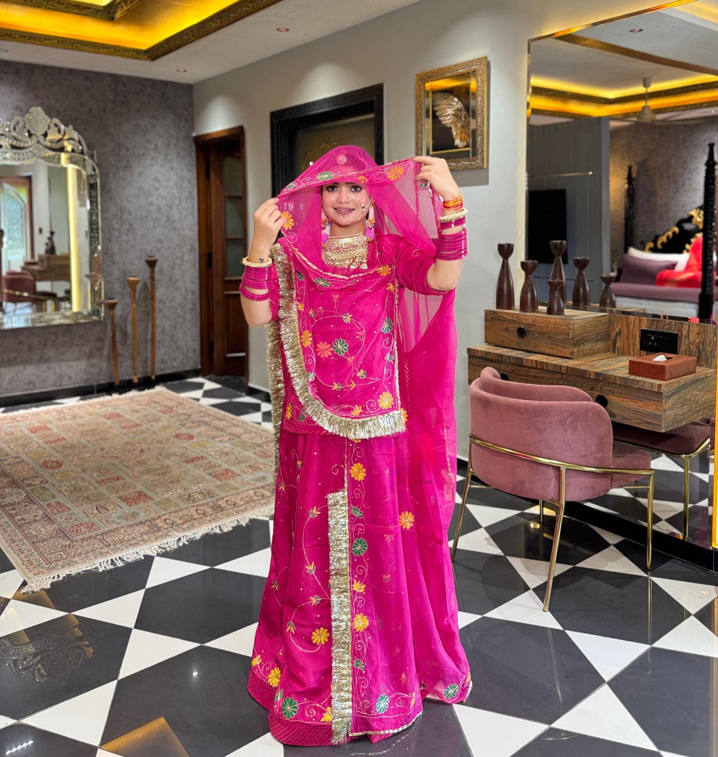 Rani Pink Upada Silk Rajputi Poshak – Hand Painted Aari Work Designer Lehenga with Heavy Odhani