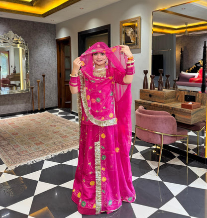 Rani Pink Upada Silk Rajputi Poshak – Hand Painted Aari Work Designer Lehenga with Heavy Odhani