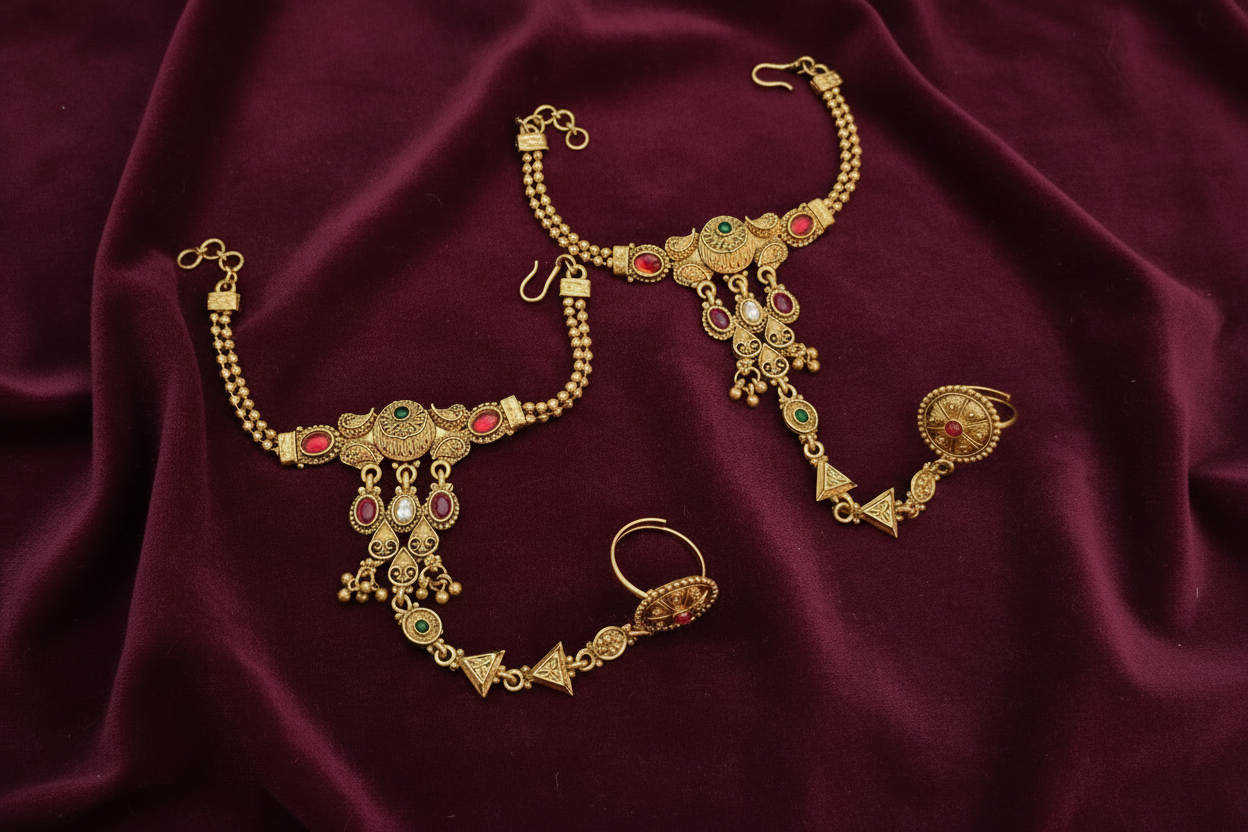 Royal Antique Gold Hathphool with Red Green Stones – Bridal Hand Bracelet