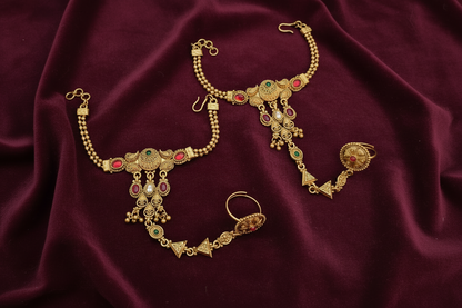 Royal Antique Gold Hathphool with Red Green Stones – Bridal Hand Bracelet