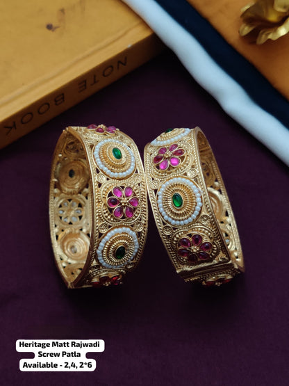 Rajwari Jadau Style Patla Bangle – Heritage Gold Plated Kada pair