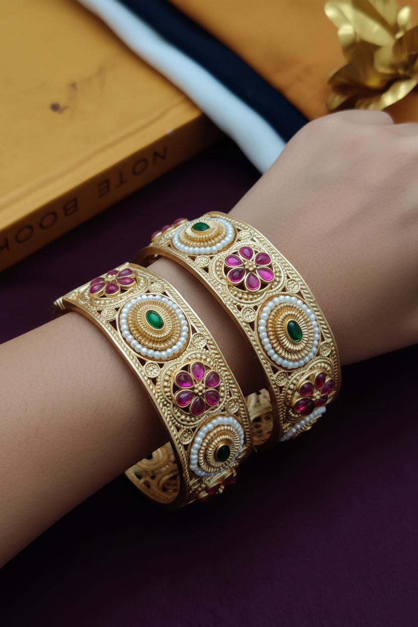 Rajwari Jadau Style Patla Bangle – Heritage Gold Plated Kada pair