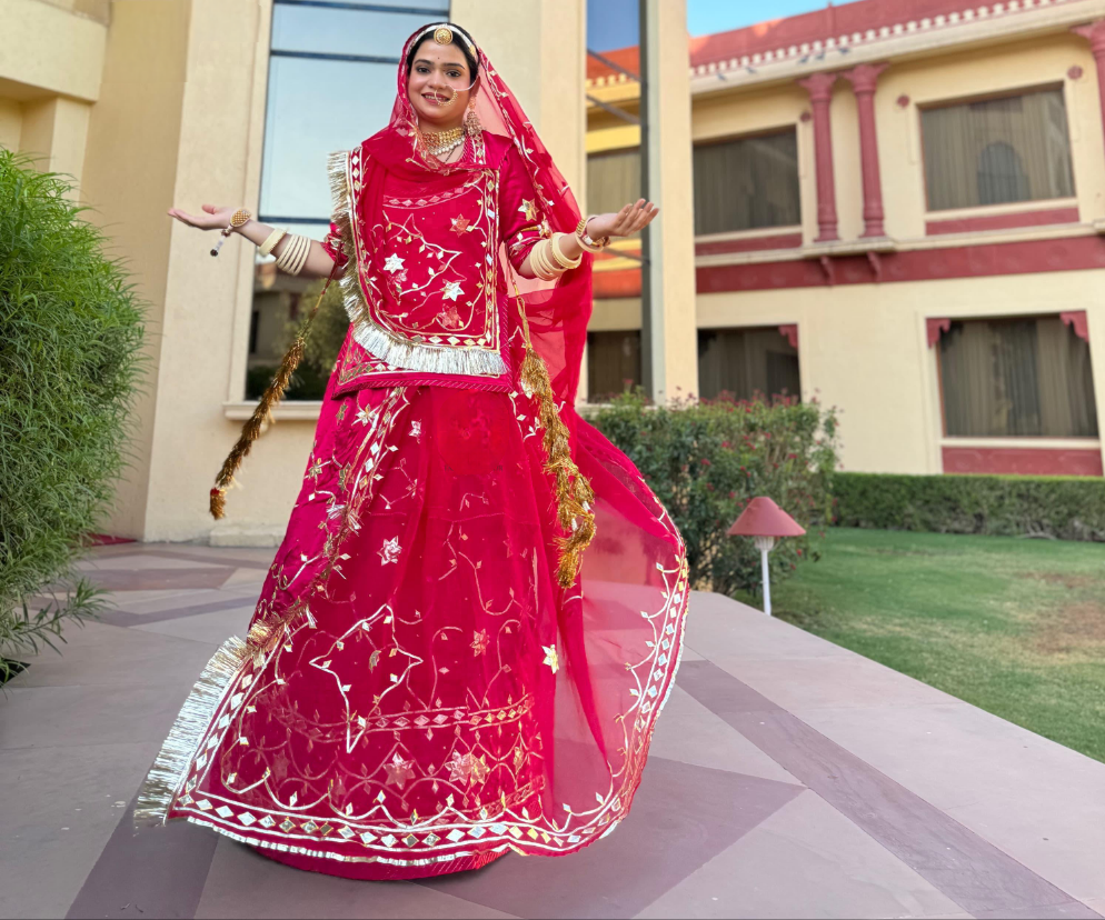 Cherry Rani Colour Rajputi Poshak – Satin Fabric with Pure Humrahi Odhna, Gota Patti & Silver Work