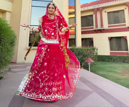 Cherry Rani Colour Rajputi Poshak – Satin Fabric with Pure Humrahi Odhna, Gota Patti & Silver Work
