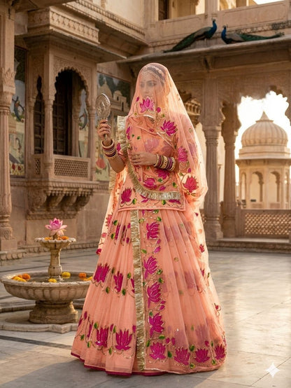Rajputana Style Lotus Poshak | Natural Silk Handwork Designer Lehenga with Heavy Odhna