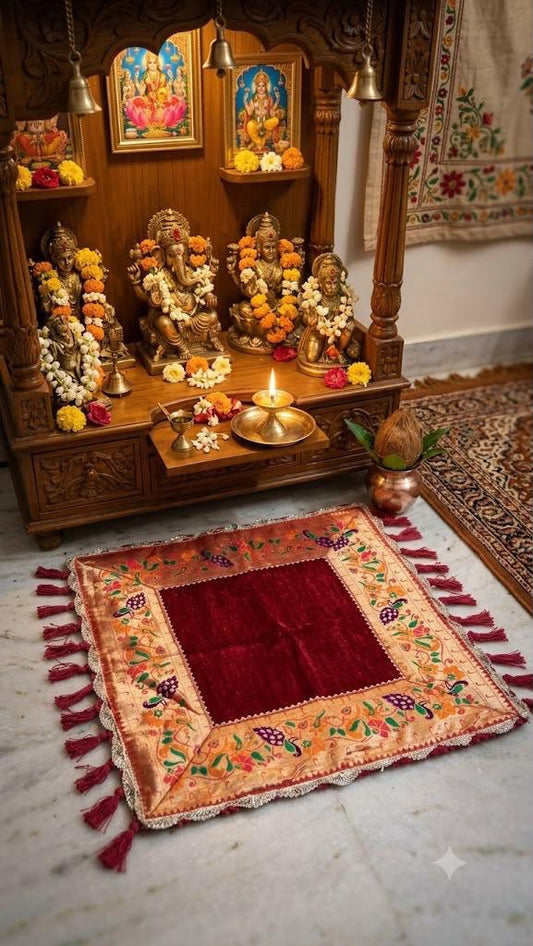 Handcrafted Traditional Puja Aasan | Premium Prayer Mat |Decorative Puja Chowki Aasan | Handmade Prayer Mat