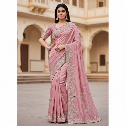 Baby Pink Pure Silk Saree with Heavy Zardozi Handwork – Designer Boutique Saree