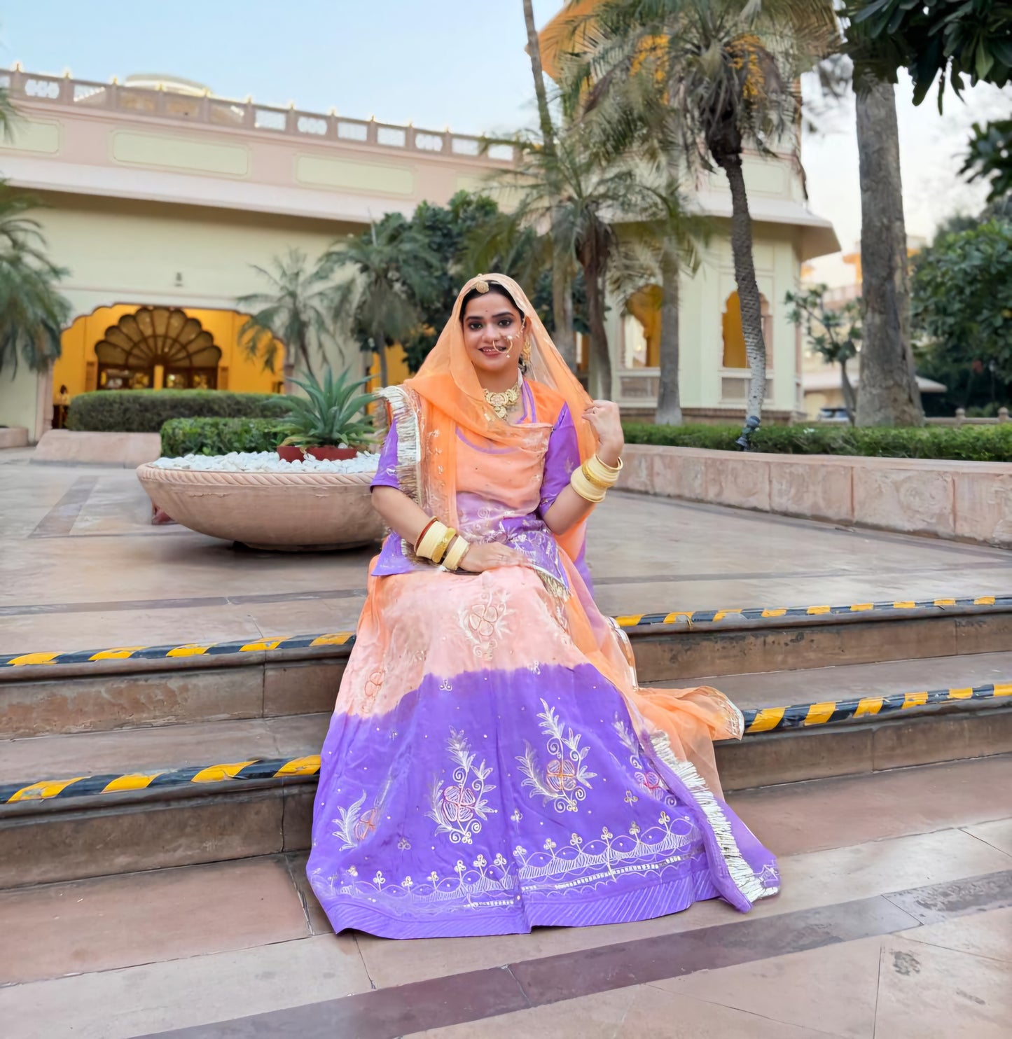 Shaded Crepe Partywear Poshak with Pure Odhna | Aari, Resham & Moti Work Designer Suit for Weddings