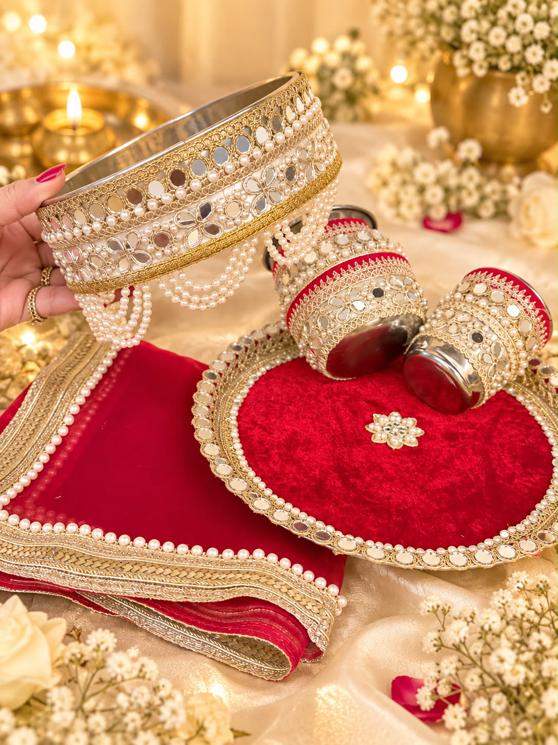 Beautiful Handwork Traditional Karwa Chauth Pooja Thali set with Thali Cover