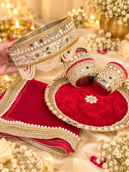 Beautiful Handwork Traditional Karwa Chauth Pooja Thali set with Thali Cover