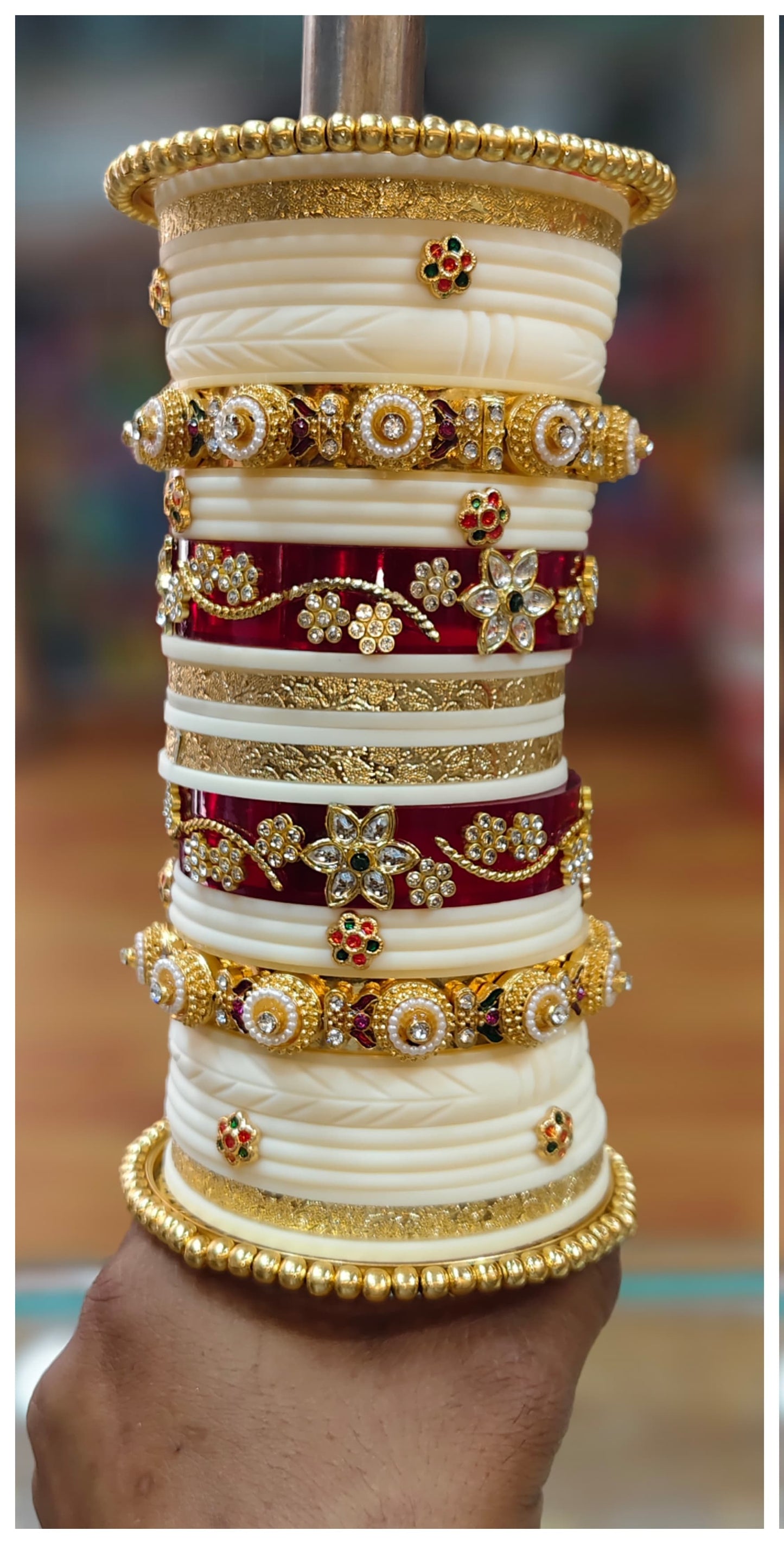 Traditional Ivory Bridal Chuda Set with Stone & Kundan Work – Wedding Bangles