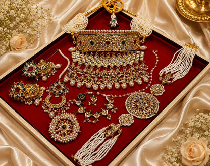 Gold Kundan Bridal Jewelry Set – Heavy Choker Rajwadi Poshak Full Wedding Collection (Pearl Work)