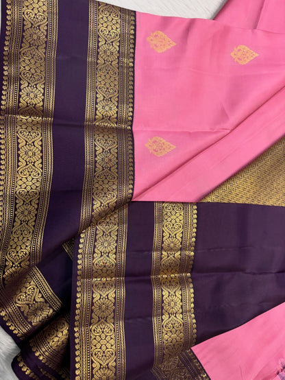 Baby Pink Kanchipuram Pure Silk Saree with Wine Border | Silk Mark Certified