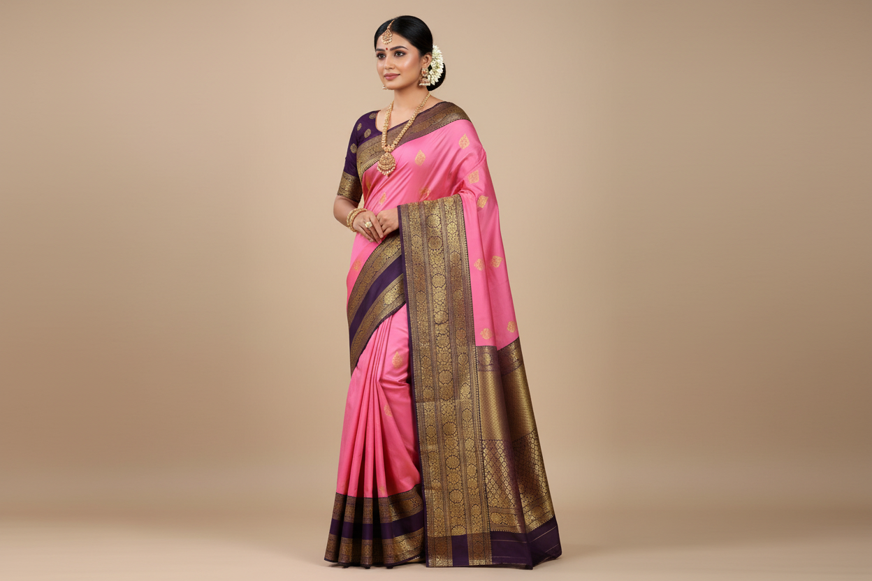 Baby Pink Kanchipuram Pure Silk Saree with Wine Border | Silk Mark Certified
