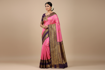 Baby Pink Kanchipuram Pure Silk Saree with Wine Border | Silk Mark Certified