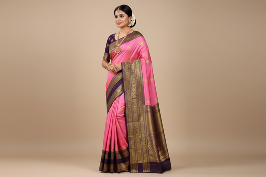 Baby Pink Kanchipuram Pure Silk Saree with Wine Border | Silk Mark Certified