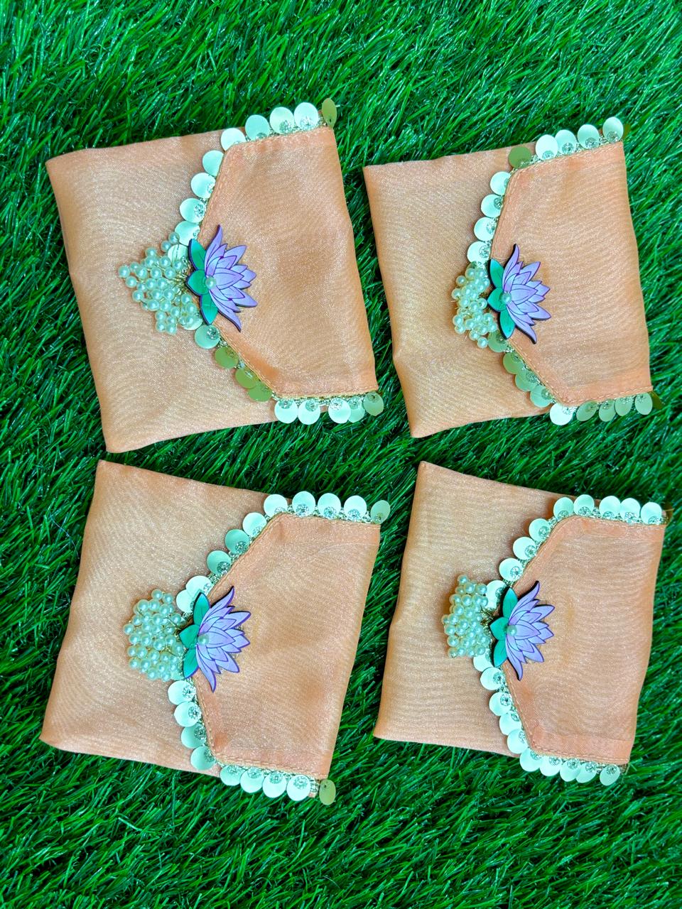 Lotus Embellished Organza Coin Pouch with Moti Latkan (Pack of 20) | Designer Shagun Bags