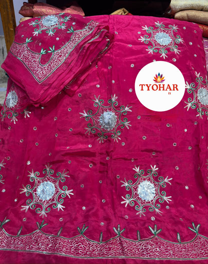Rajputi Boutique Poshak – Heavy Natural Odhna with Zari, Taara & Resham Silver zari Handwork 12 kali poshak