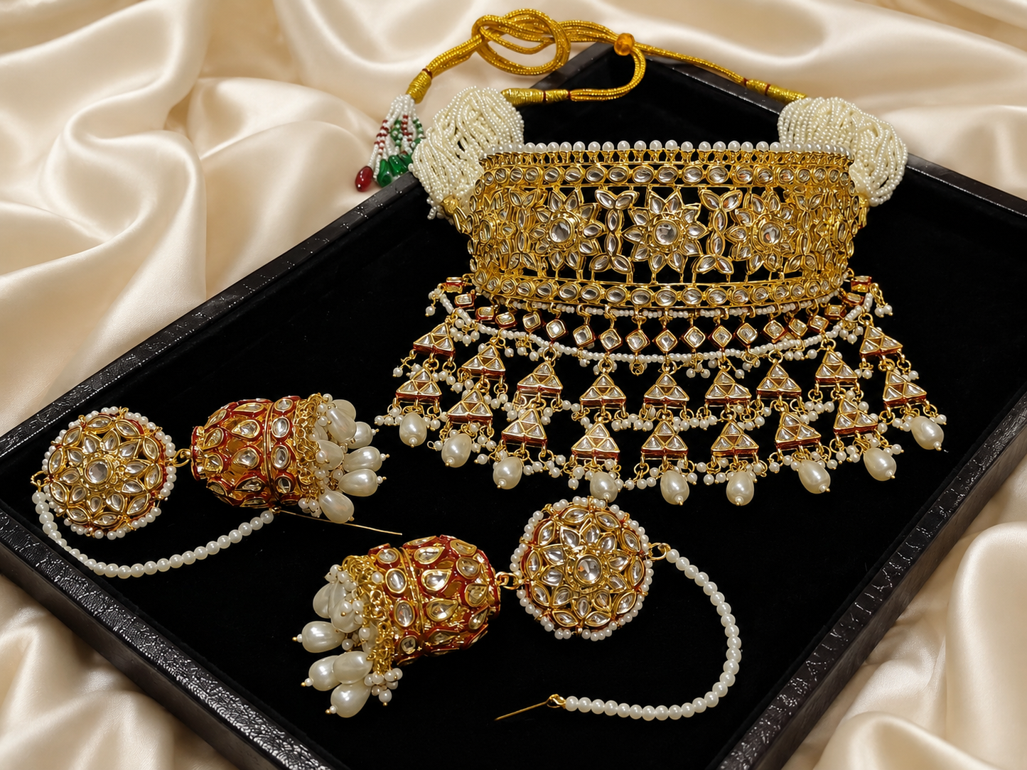 Heavy Kundan Choker Necklace Set with Pearl Jhumka Earrings – Rajwadi Bridal Jewelry