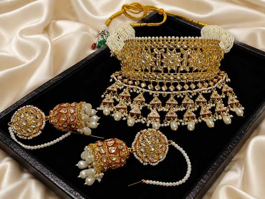 Heavy Kundan Choker Necklace Set with Pearl Jhumka Earrings – Rajwadi Bridal Jewelry