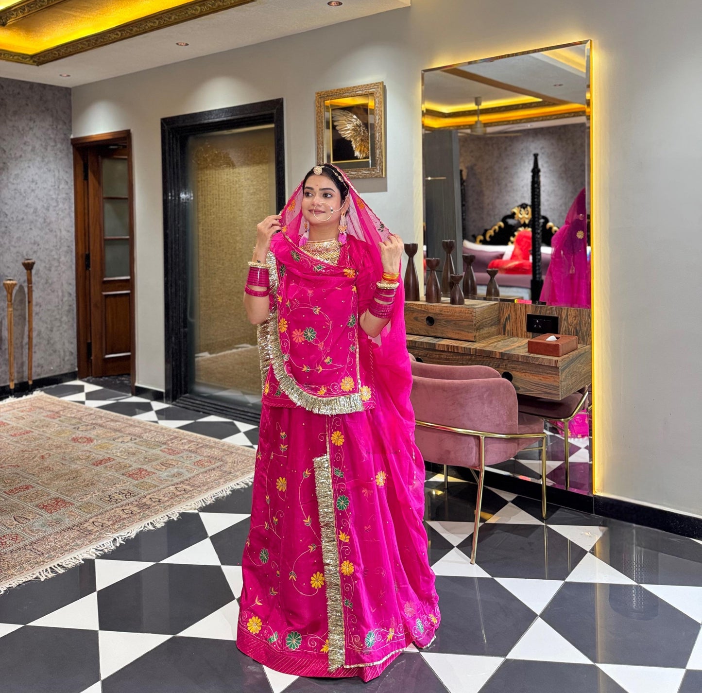 Rani Pink Upada Silk Rajputi Poshak – Hand Painted Aari Work Designer Lehenga with Heavy Odhani