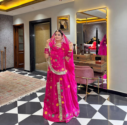 Rani Pink Upada Silk Rajputi Poshak – Hand Painted Aari Work Designer Lehenga with Heavy Odhani