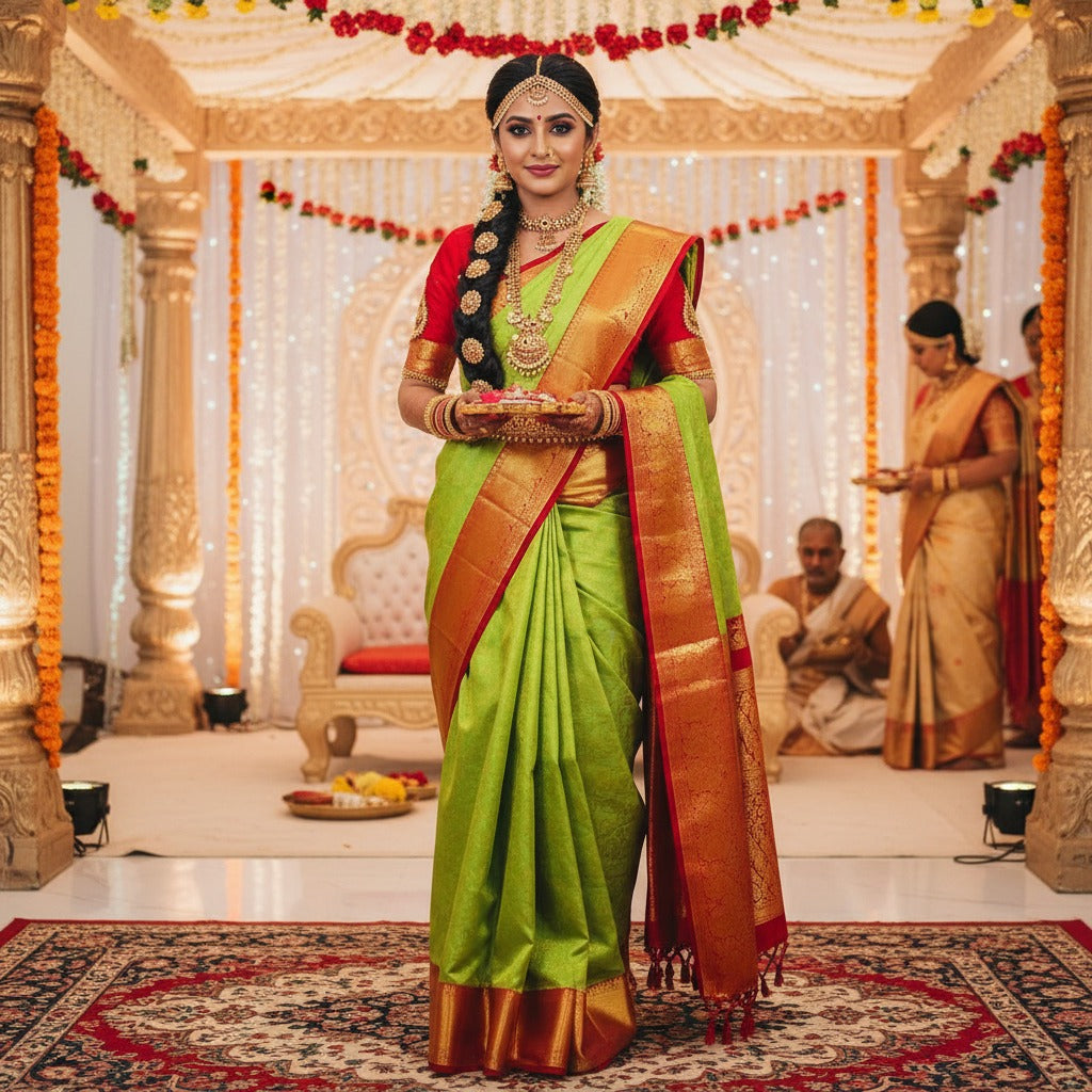 Handloom Kanchipuram Silk Bridal Saree – Silk Mark Certified, Grand Zari Pallu
