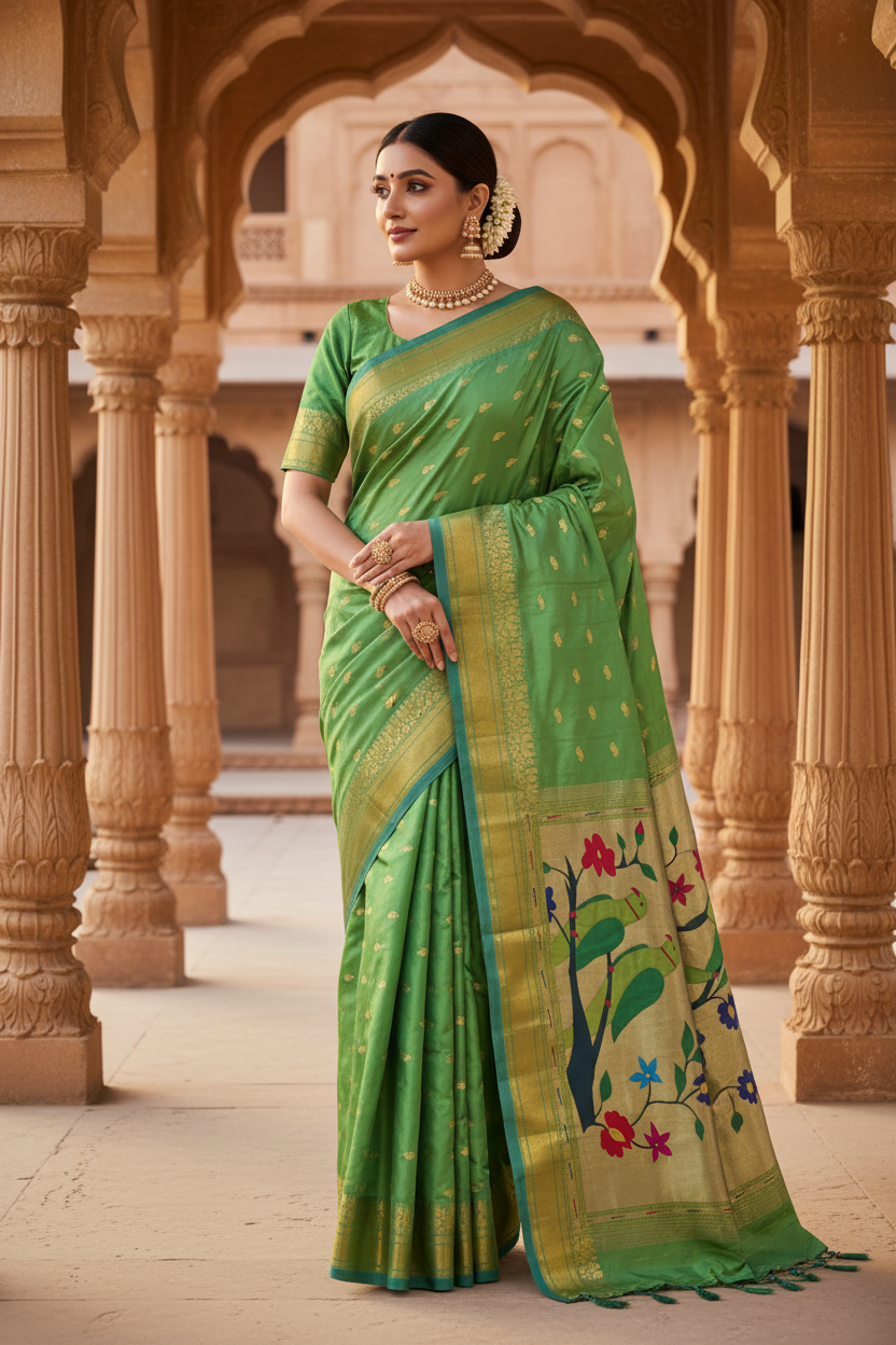 Yeola Fancy Paithani Silk Saree – Pure Handloom Silk, Shoulder Butti, Silk Mark Certified
