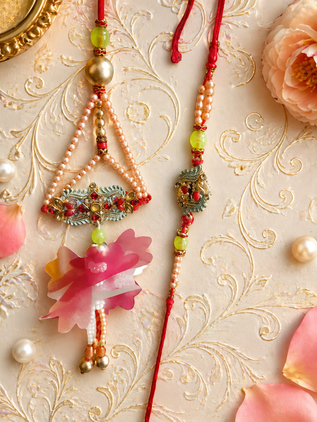 Pearl stone Handcrafted Bhaiya Bhabhi Rakhi Set