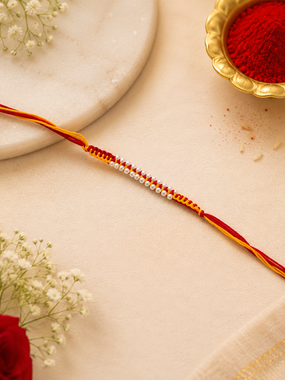 Double line Moti handwork fancy Moli Kalawa Rakhi ( Pack of 1 Rakhi)