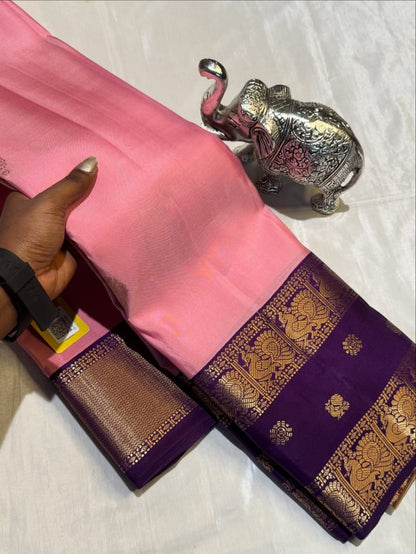 Pink & Wine Pure Kanjipuram Silk Saree with Golden Work – Silk Mark Certified