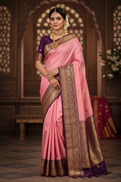 Pink & Wine Pure Kanjipuram Silk Saree with Golden Work – Silk Mark Certified