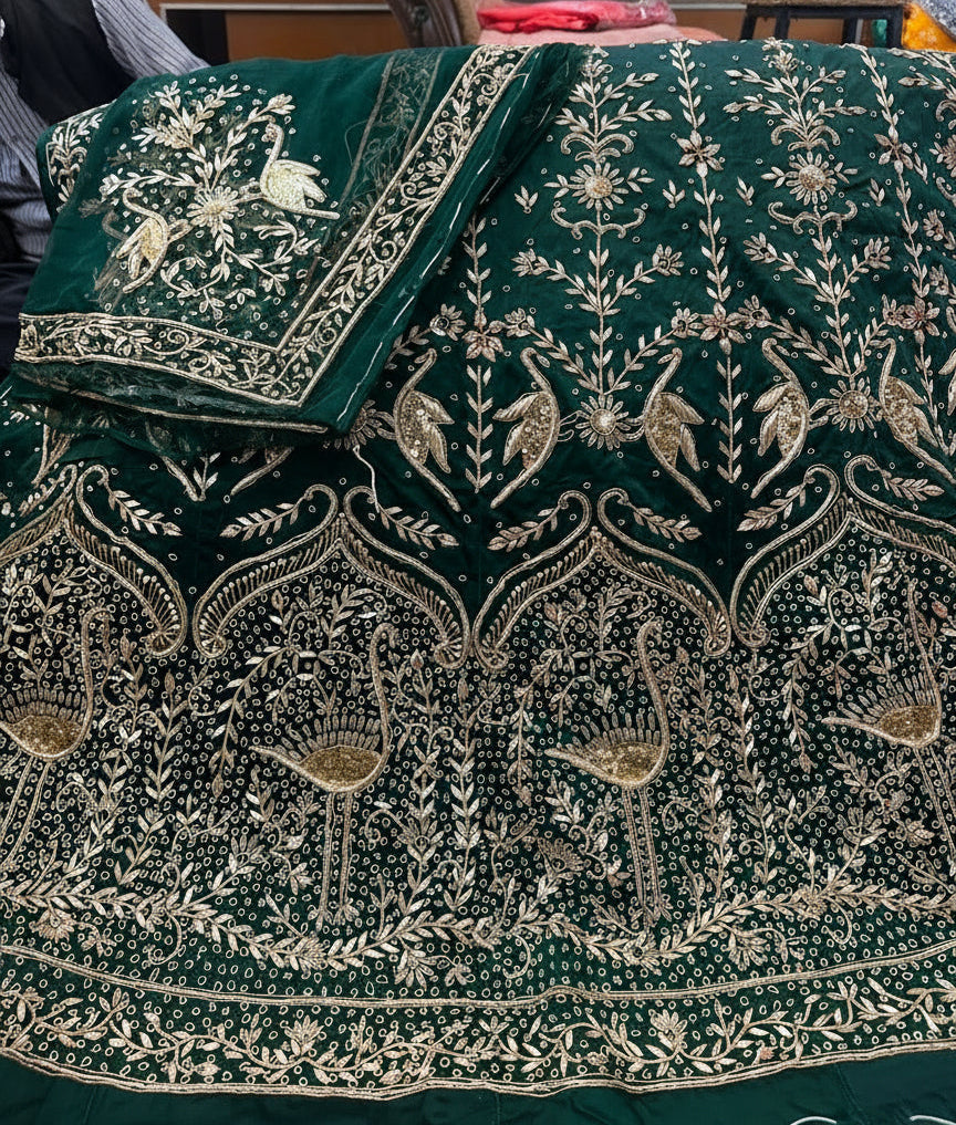 Elegant Bridal Poshak: Heavy Bember Satin, Pure Thakurji Odhna | Jardoji, Dabka & Aari Handwork