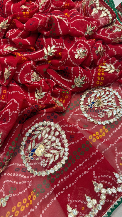 Pure Georgette Peacock Pallu Saree with Gota Patti Work – Chanderi Pilla Traditional Saree