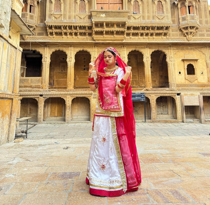 Royal Rajwadi Satin Silk Poshak – Pure Contrast Odhani with Gota Patti & Dori Work