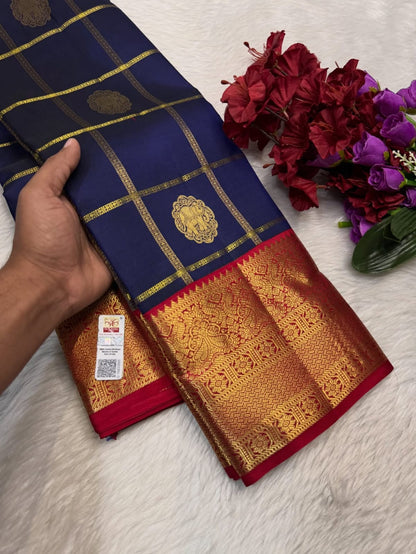 Blue Red Checks Pure Kanjivaram Silk Saree | Handwoven Silk Mark Certified